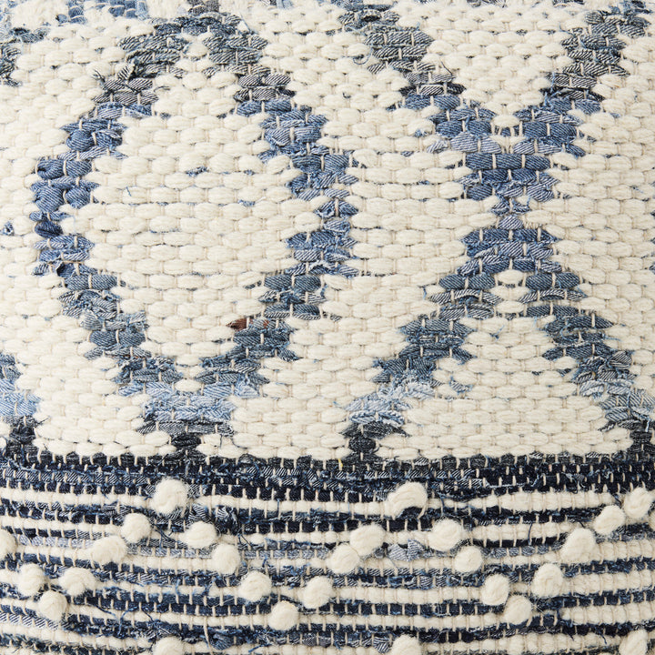 Eshana Cream Wool and Denim Patterned Pouf Living Room Mercana