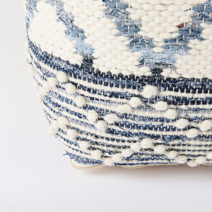 Eshana Cream Wool and Denim Patterned Pouf Living Room Mercana
