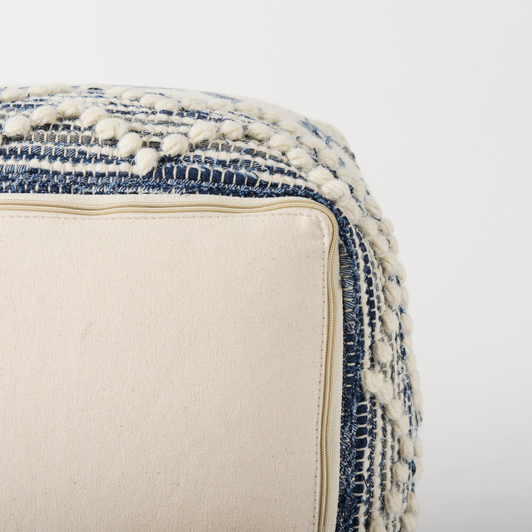 Eshana Cream Wool and Denim Patterned Pouf Living Room Mercana