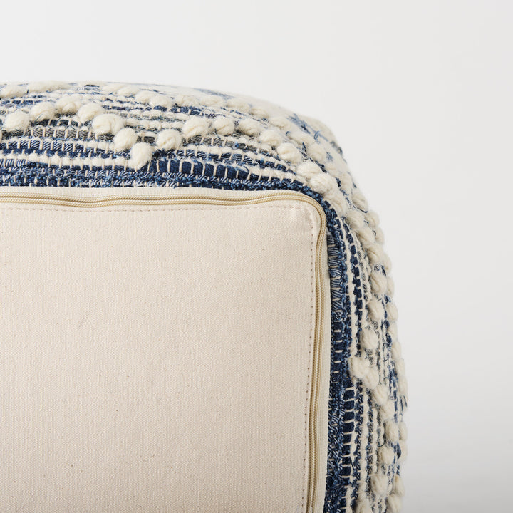 Eshana Cream Wool and Denim Patterned Pouf Living Room Mercana