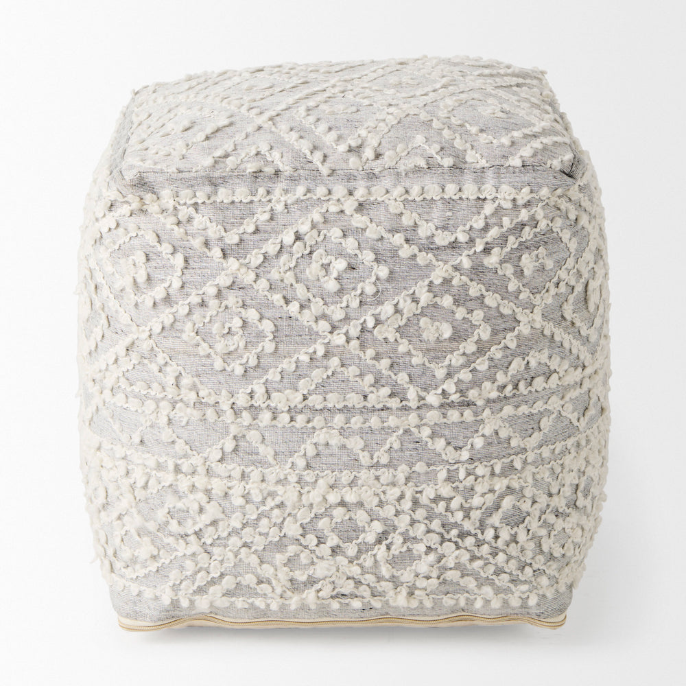 Farida Light Gray Wool and Polyester Patterned Pouf Living Room Mercana