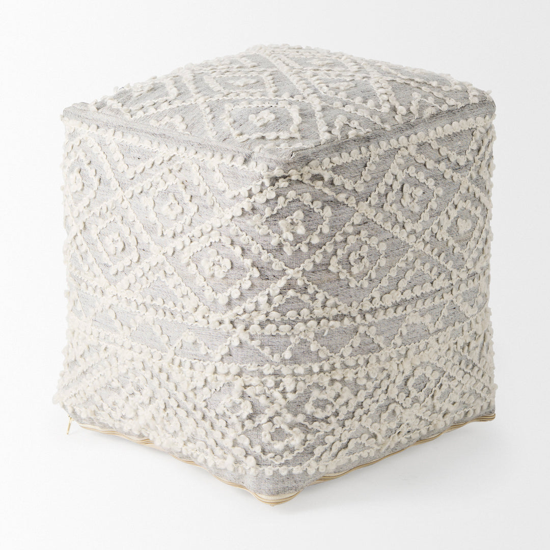 Farida Light Gray Wool and Polyester Patterned Pouf Living Room Mercana
