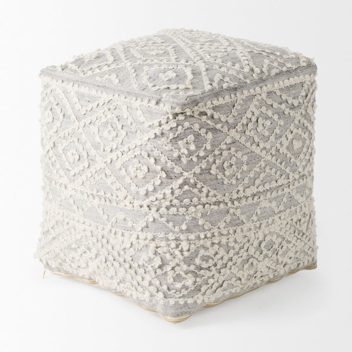 Farida Light Gray Wool and Polyester Patterned Pouf Living Room Mercana