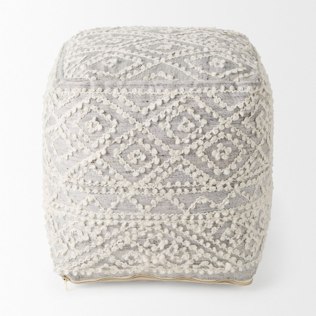 Farida Light Gray Wool and Polyester Patterned Pouf Living Room Mercana