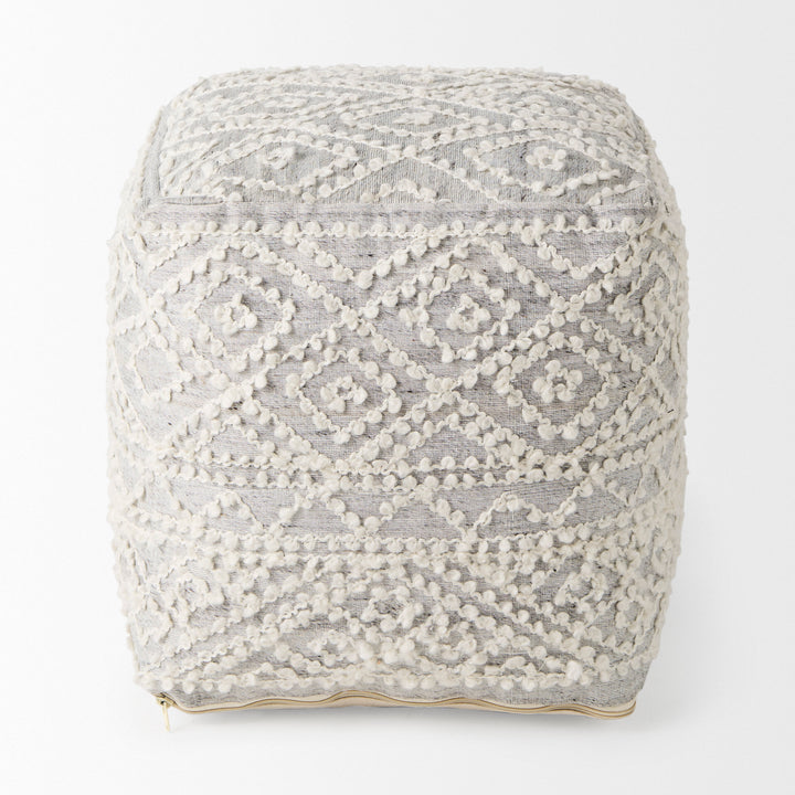 Farida Light Gray Wool and Polyester Patterned Pouf Living Room Mercana
