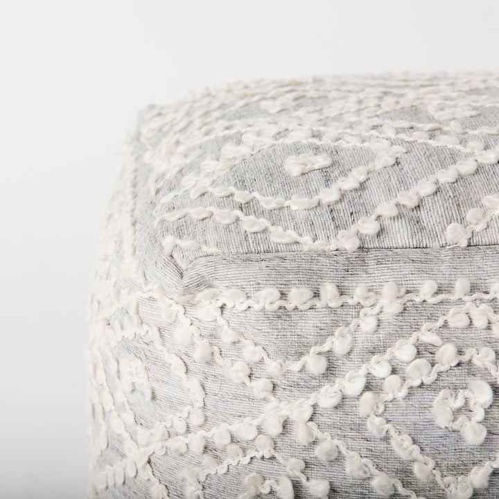 Farida Light Gray Wool and Polyester Patterned Pouf Living Room Mercana