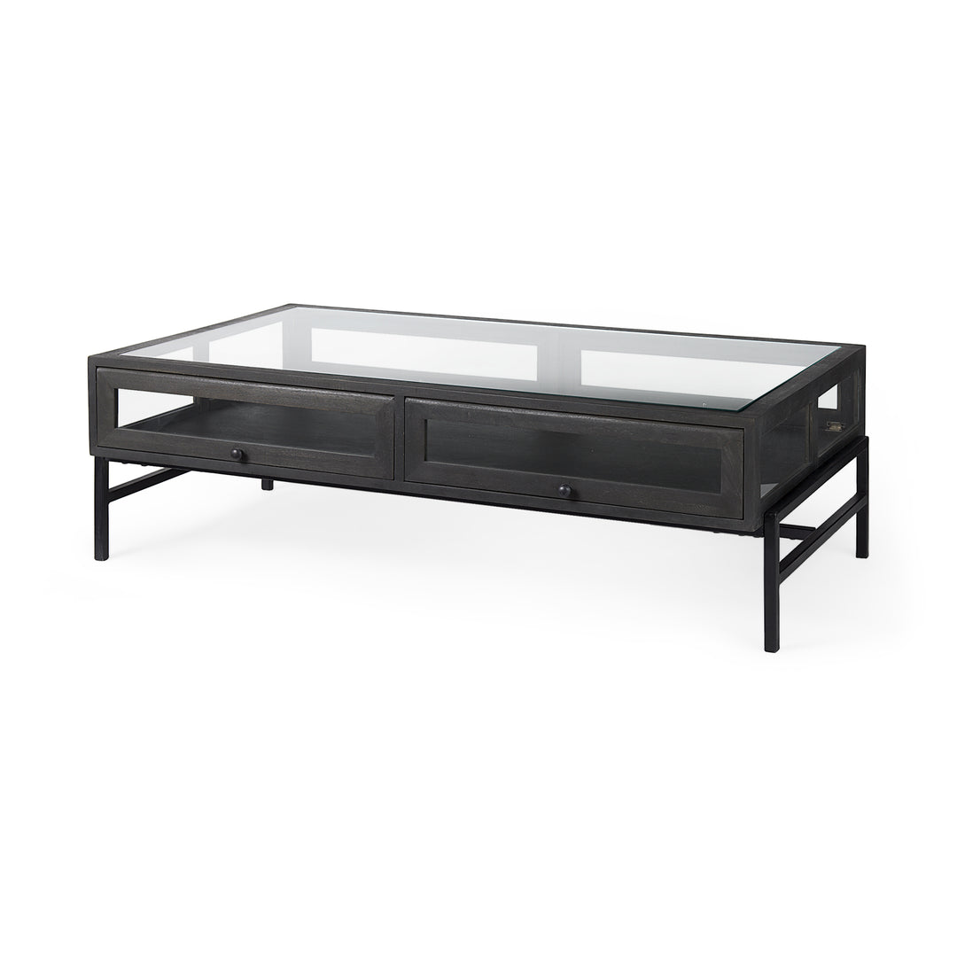 Arelius 42"L Rectangular Glass-Top Black-Brown Wood w/ Black Metal Base Display Coffee Table Living Room Mercana