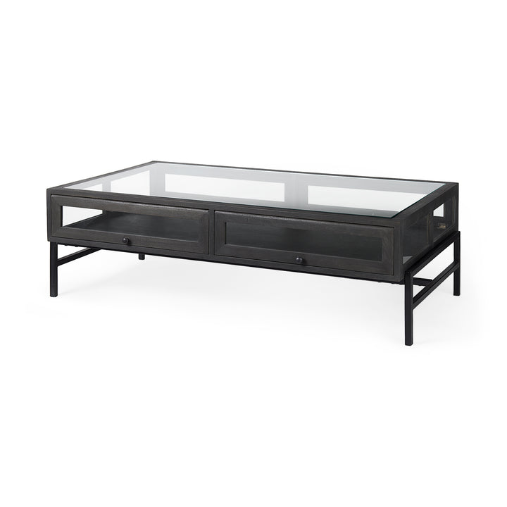 Arelius 42"L Rectangular Glass-Top Black-Brown Wood w/ Black Metal Base Display Coffee Table Living Room Mercana