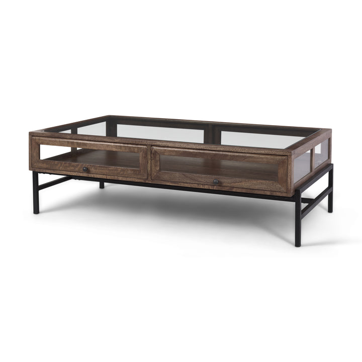 Arelius Rectangular Glass-Top Medium Brown Wood w/ Black Metal Base Display Coffee Table Living Room Mercana