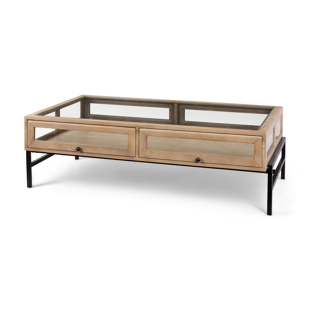 Arelius 42"L Rectangular Light Brown Wood w/ Black Metal Base Display Coffee Table Living Room Mercana