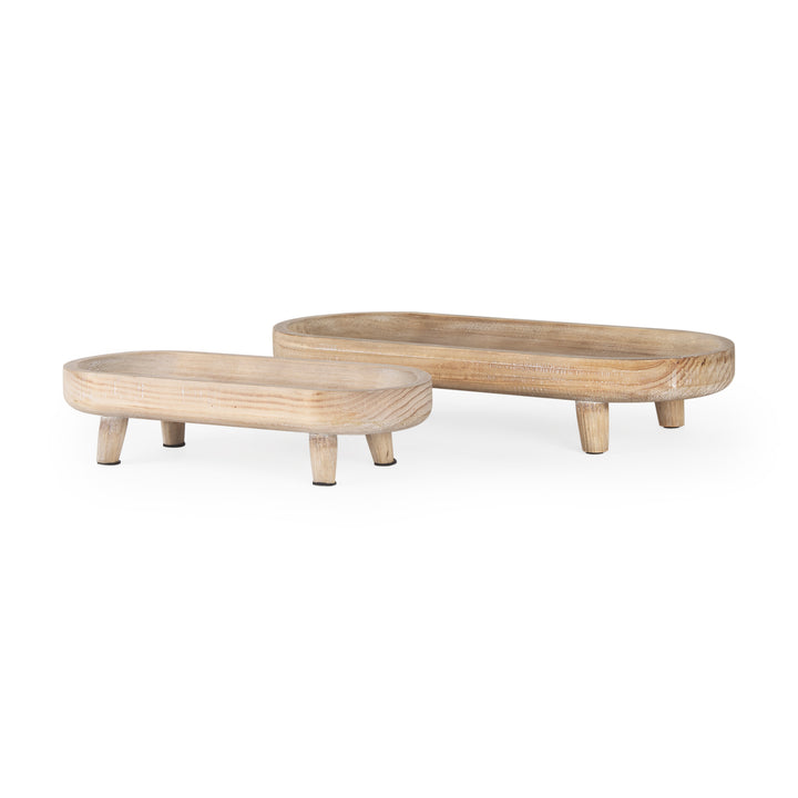 Carver Set of 2 Oblong White Washed Wood Footed Trays Decor Mercana