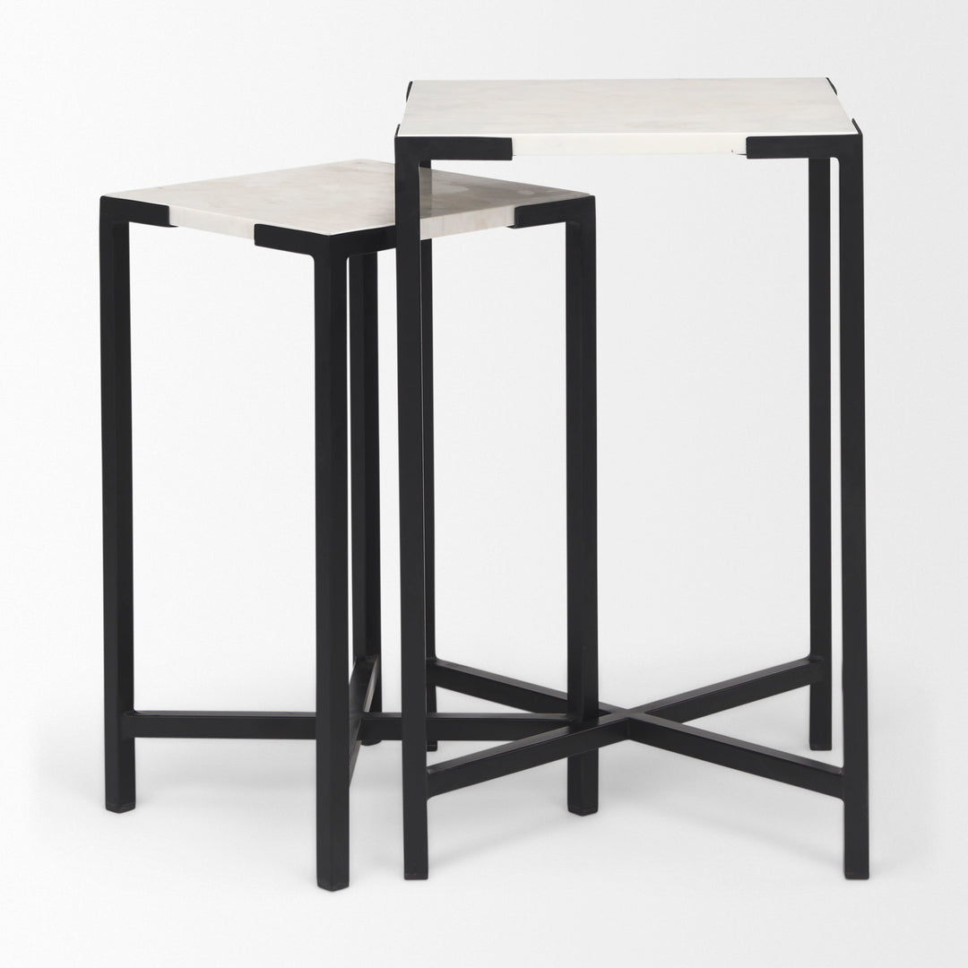 Lucas III (Set of 2) 15L x 15W; 12L x 12W White Marble W/Black Iron Frame Accent Tables Decor Mercana