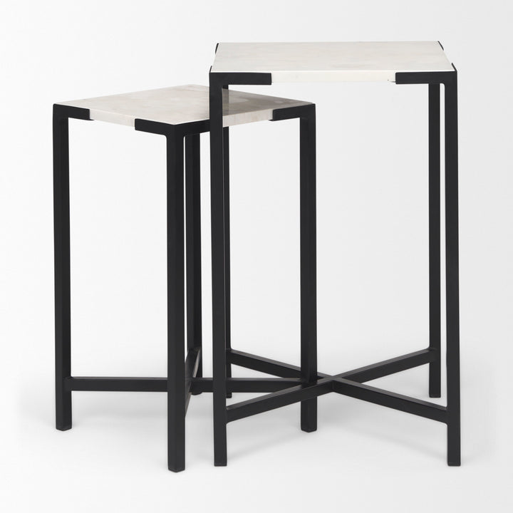 Lucas III (Set of 2) 15L x 15W; 12L x 12W White Marble W/Black Iron Frame Accent Tables Decor Mercana