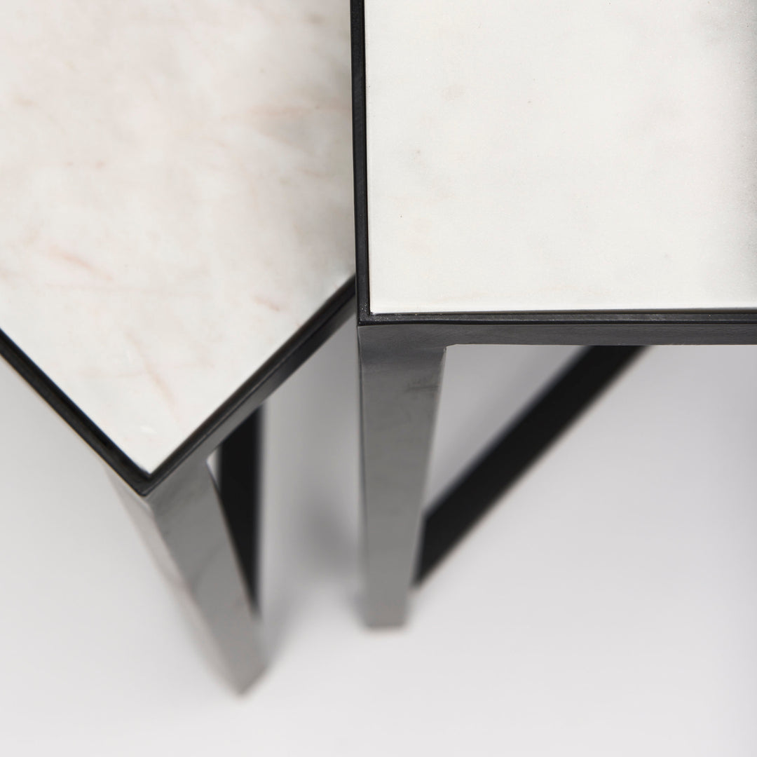 Lucas III (Set of 2) 15L x 15W; 12L x 12W White Marble W/Black Iron Frame Accent Tables Decor Mercana