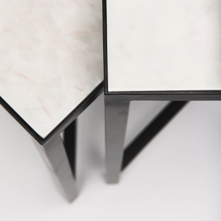 Lucas III (Set of 2) 15L x 15W; 12L x 12W White Marble W/Black Iron Frame Accent Tables Decor Mercana