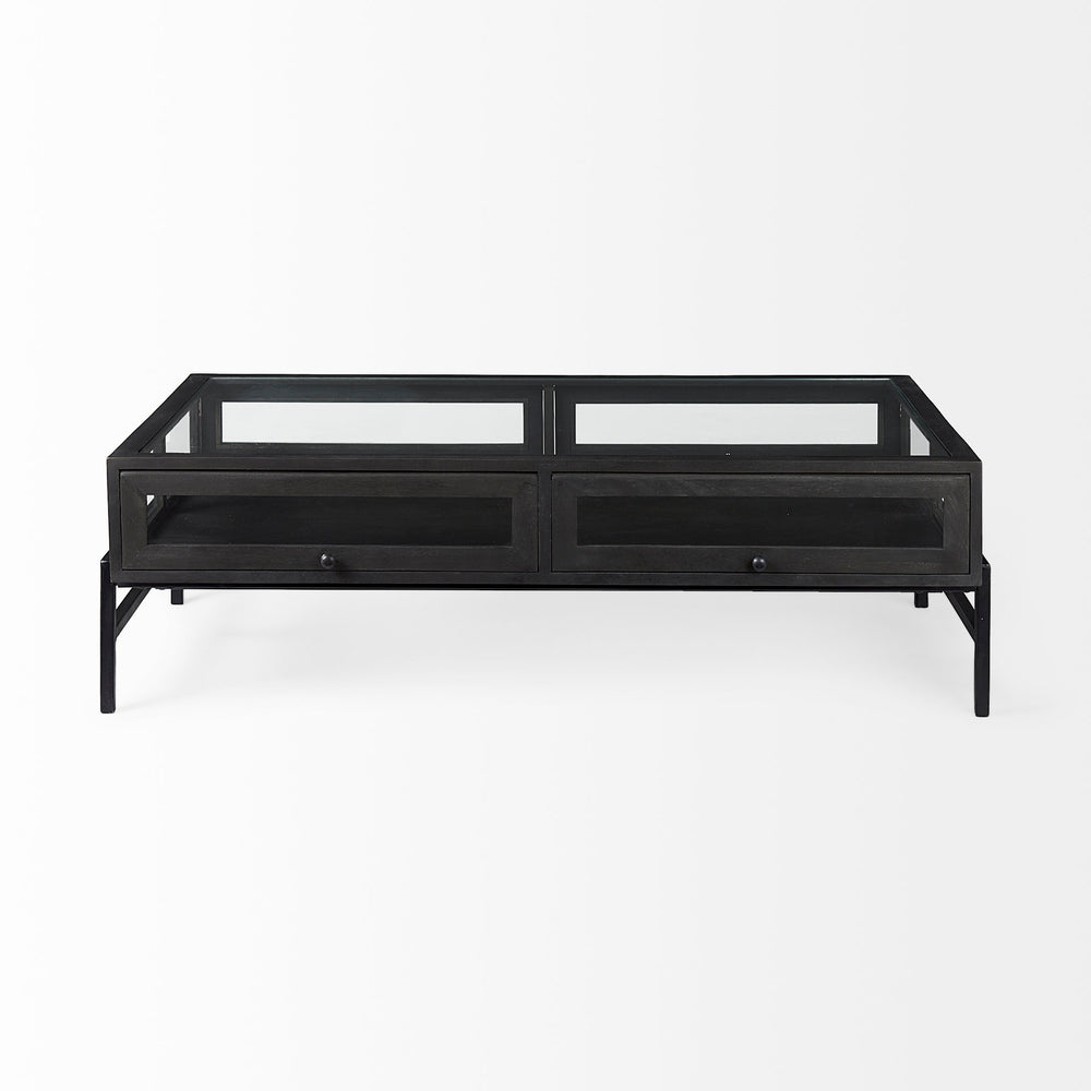 Arelius 42"L Rectangular Glass-Top Black-Brown Wood w/ Black Metal Base Display Coffee Table Living Room Mercana