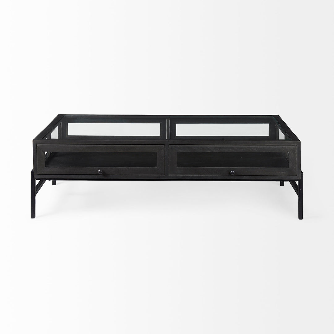 Arelius 42"L Rectangular Glass-Top Black-Brown Wood w/ Black Metal Base Display Coffee Table Living Room Mercana