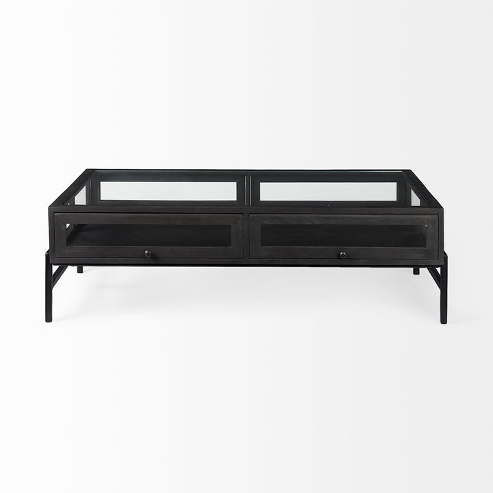 Arelius 42"L Rectangular Glass-Top Black-Brown Wood w/ Black Metal Base Display Coffee Table Living Room Mercana