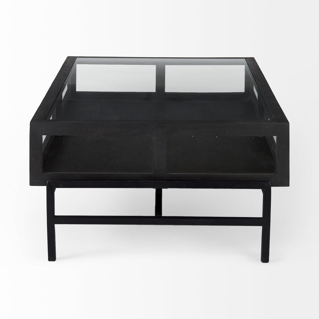 Arelius 42"L Rectangular Glass-Top Black-Brown Wood w/ Black Metal Base Display Coffee Table Living Room Mercana