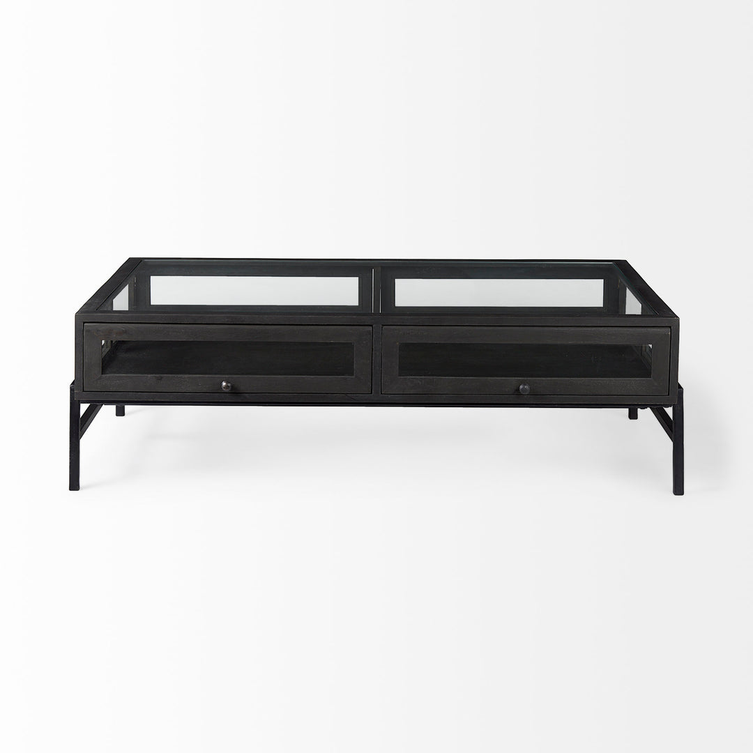 Arelius 42"L Rectangular Glass-Top Black-Brown Wood w/ Black Metal Base Display Coffee Table Living Room Mercana