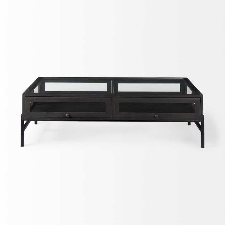 Arelius 42"L Rectangular Glass-Top Black-Brown Wood w/ Black Metal Base Display Coffee Table Living Room Mercana