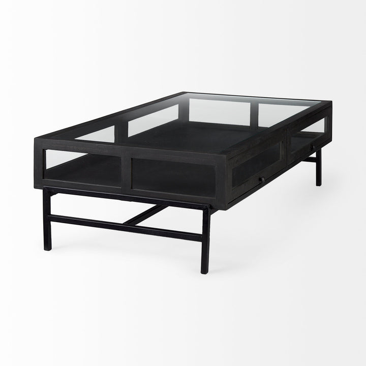Arelius 42"L Rectangular Glass-Top Black-Brown Wood w/ Black Metal Base Display Coffee Table Living Room Mercana