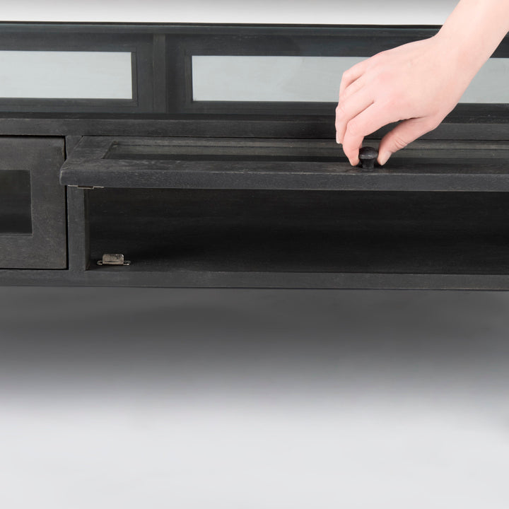 Arelius 42"L Rectangular Glass-Top Black-Brown Wood w/ Black Metal Base Display Coffee Table Living Room Mercana