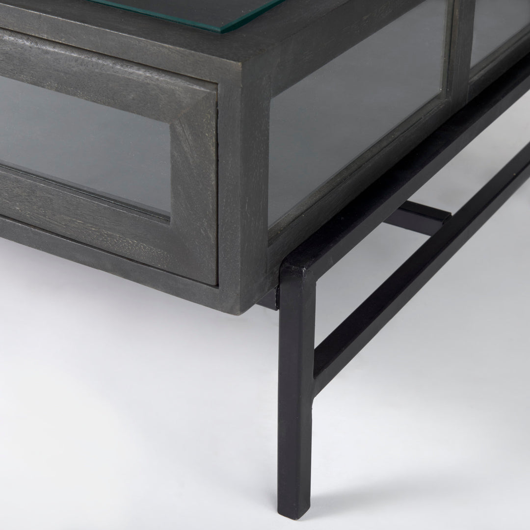 Arelius 42"L Rectangular Glass-Top Black-Brown Wood w/ Black Metal Base Display Coffee Table Living Room Mercana