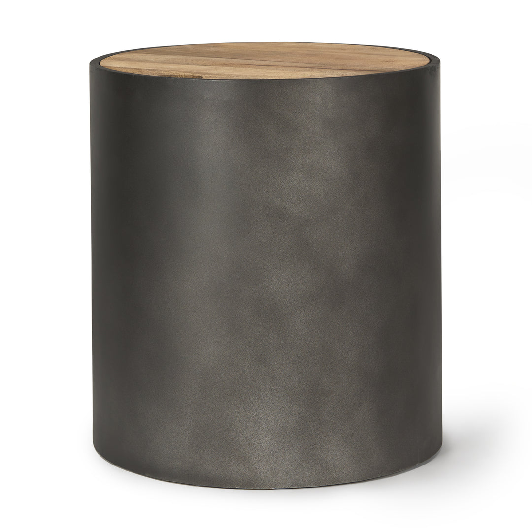 Eclipse Gunmetal Gray Drum Base w/ Brown Wood Top End/Side Table Living Room Mercana