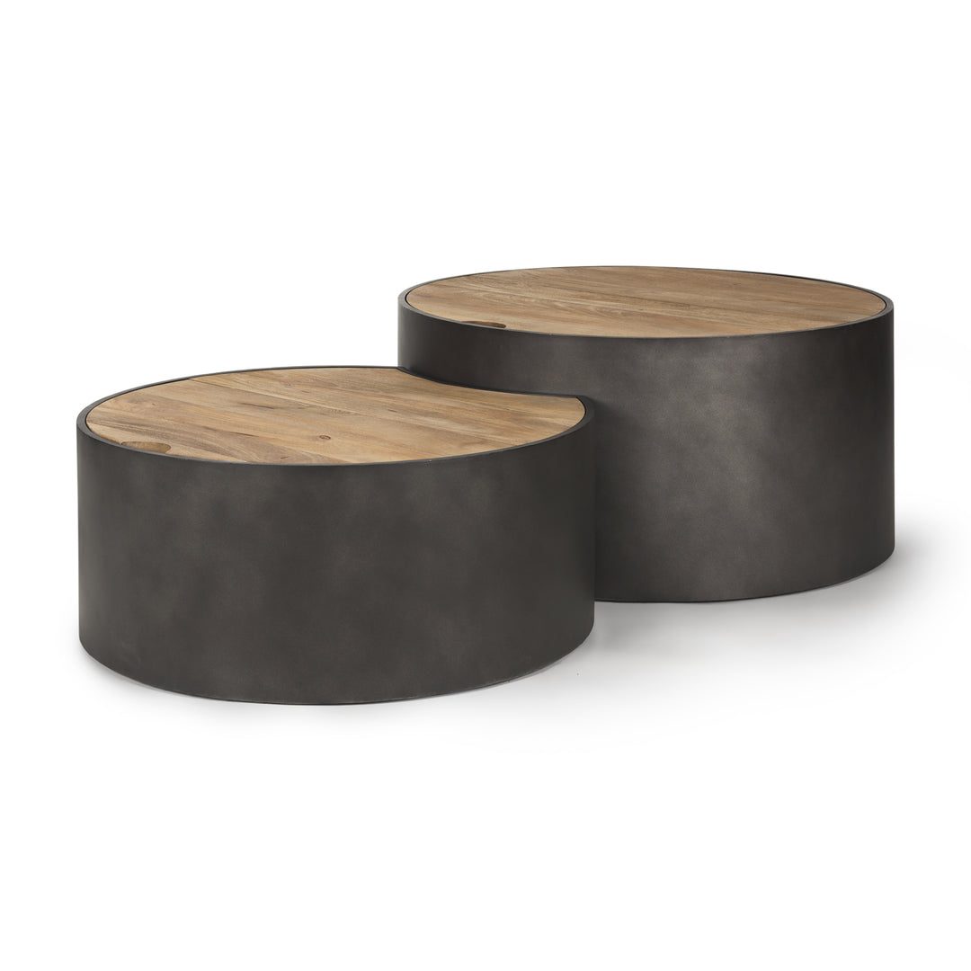 Eclipse Gunmetal Gray Drum Base w/ Brown Wood Top Nested Coffee Table Living Room Mercana