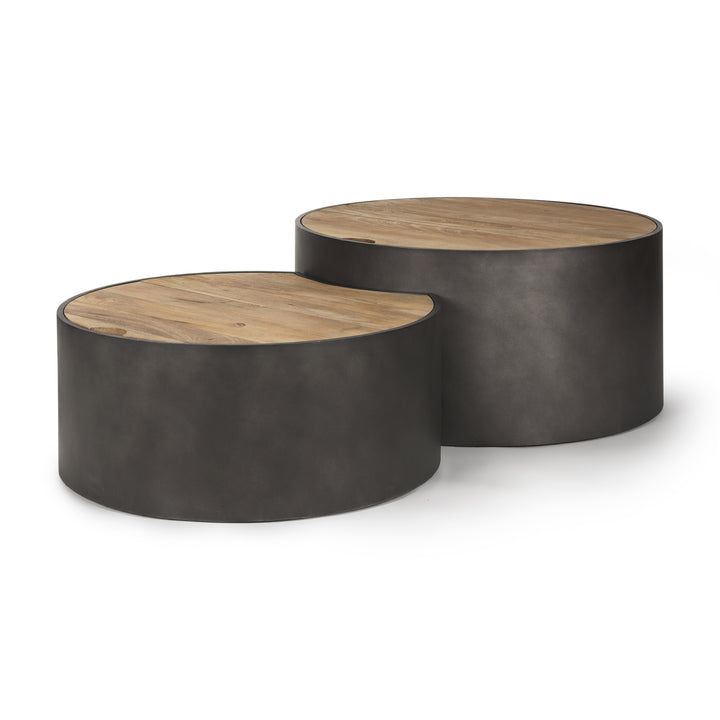 Eclipse Gunmetal Gray Drum Base w/ Brown Wood Top Nested Coffee Table Living Room Mercana