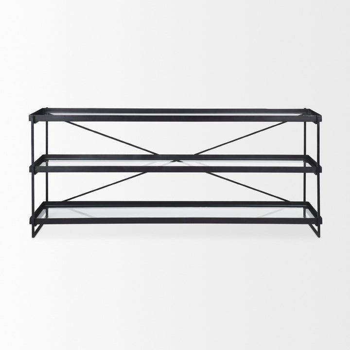 Trey 72.0"L x 16.0"W x 30.0"H Black Metal W/Glass Console Table Dining Room Mercana