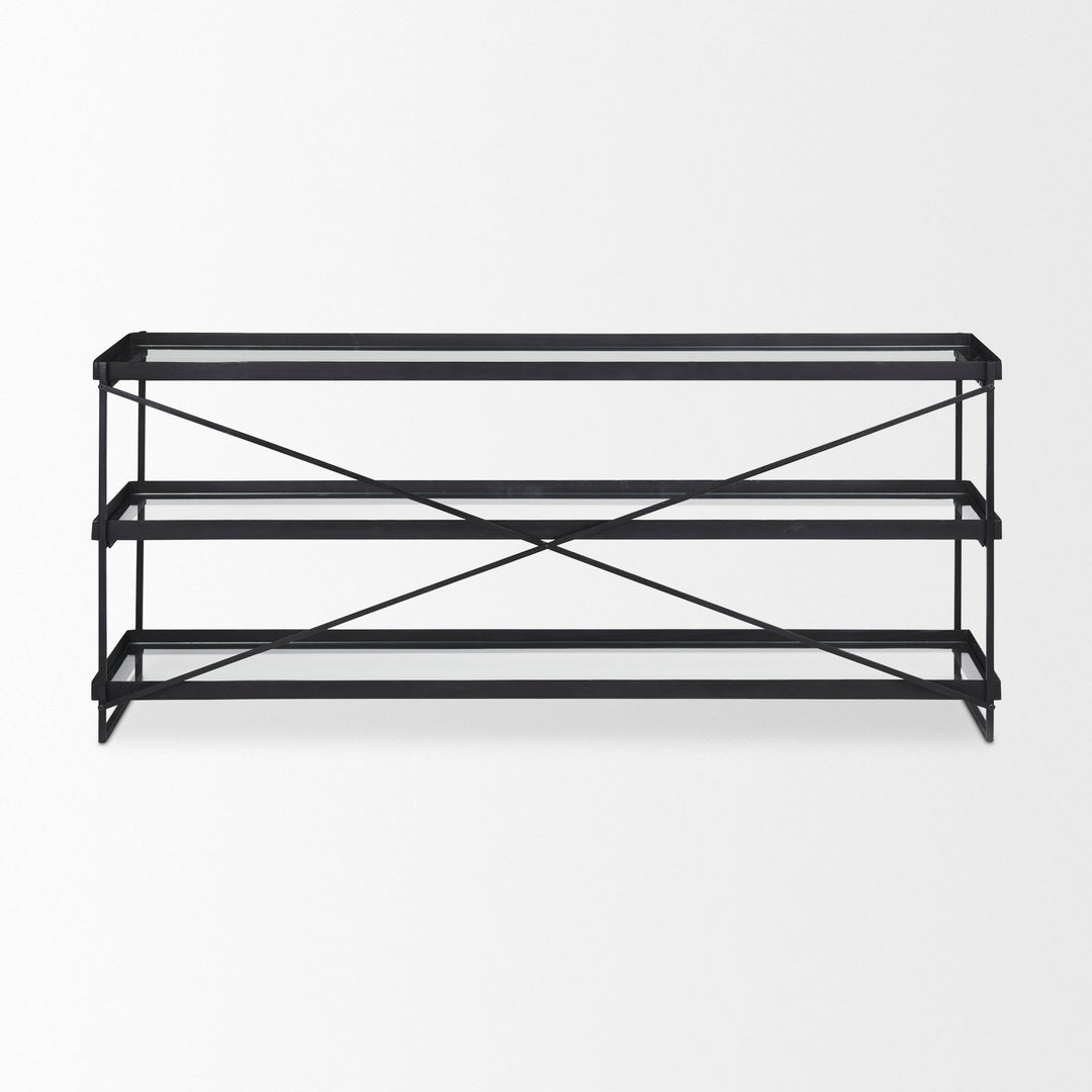 Trey 72.0"L x 16.0"W x 30.0"H Black Metal W/Glass Console Table Dining Room Mercana