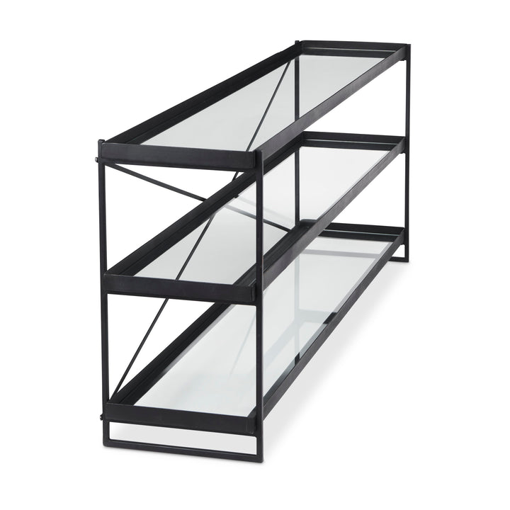 Trey 72.0"L x 16.0"W x 30.0"H Black Metal W/Glass Console Table Dining Room Mercana