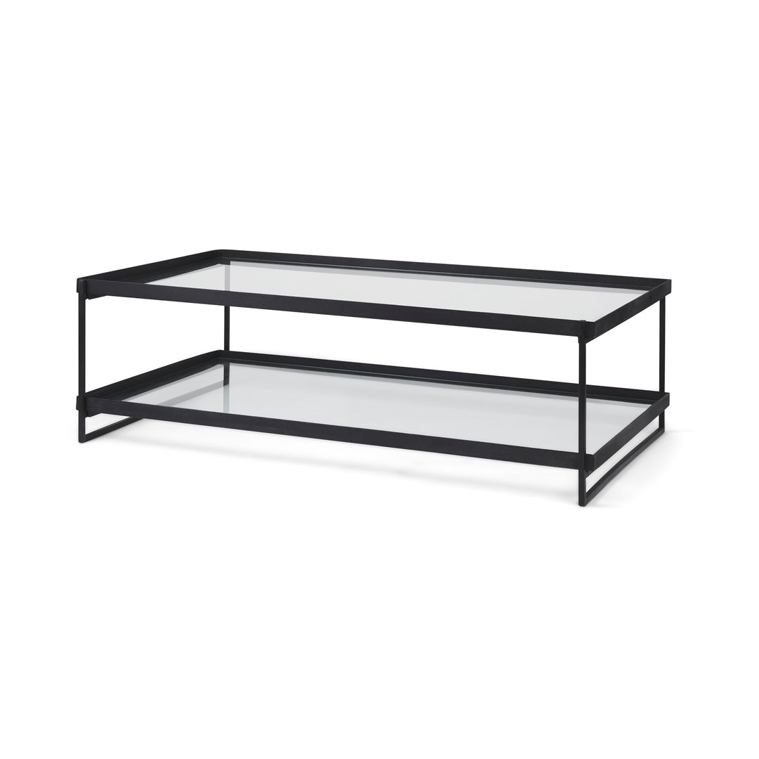 Trey 56"L x 32"W x 17"H Black Metal W/Glass Coffee Table Living Room Mercana