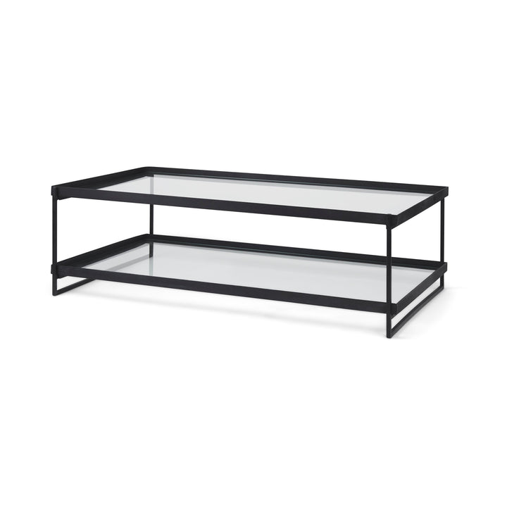 Trey 56"L x 32"W x 17"H Black Metal W/Glass Coffee Table Living Room Mercana
