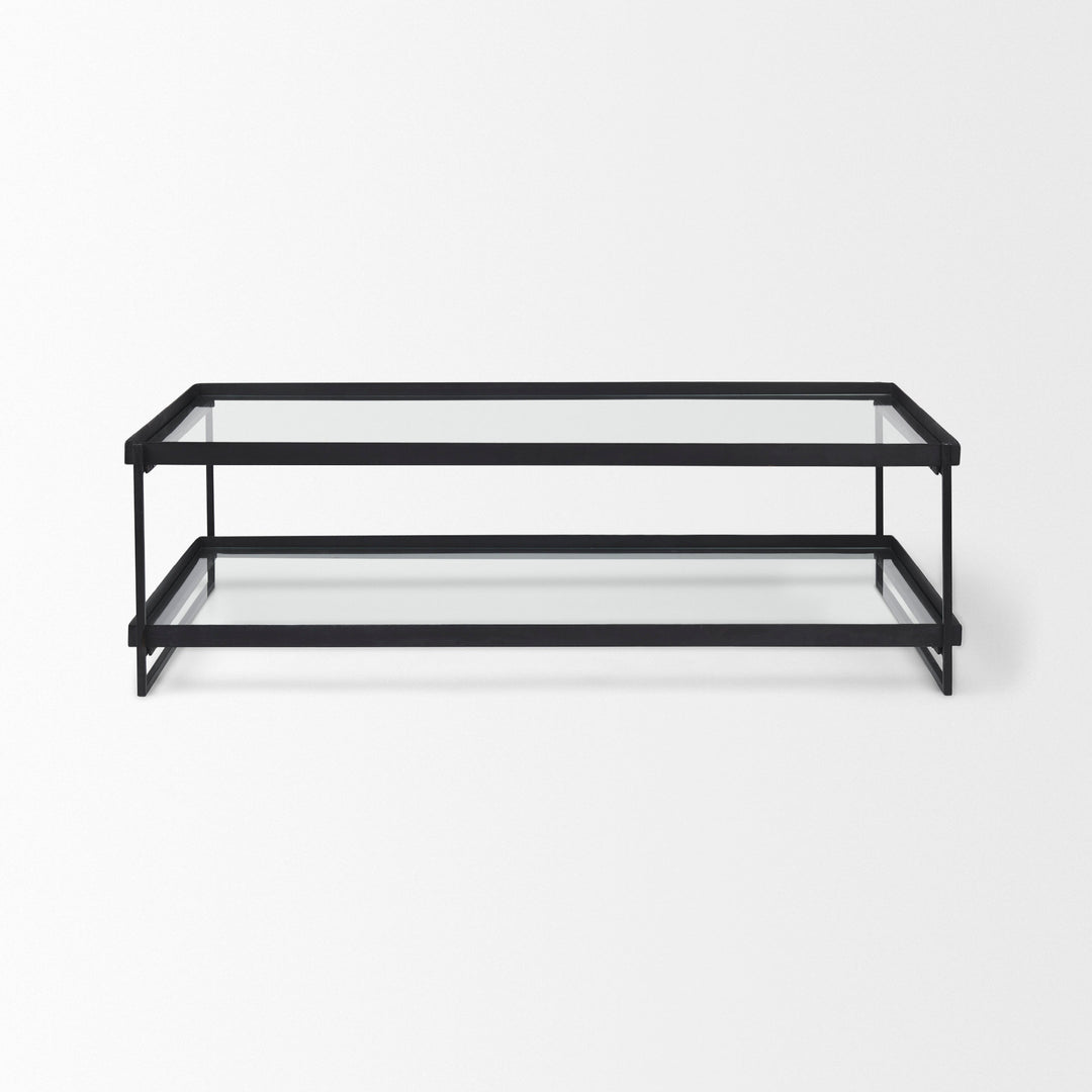 Trey 56"L x 32"W x 17"H Black Metal W/Glass Coffee Table Living Room Mercana