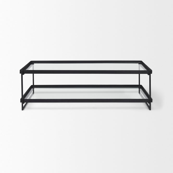 Trey 56"L x 32"W x 17"H Black Metal W/Glass Coffee Table Living Room Mercana