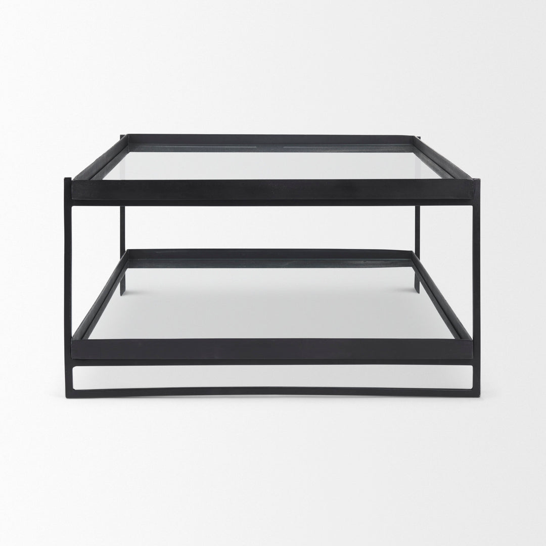 Trey 56"L x 32"W x 17"H Black Metal W/Glass Coffee Table Living Room Mercana