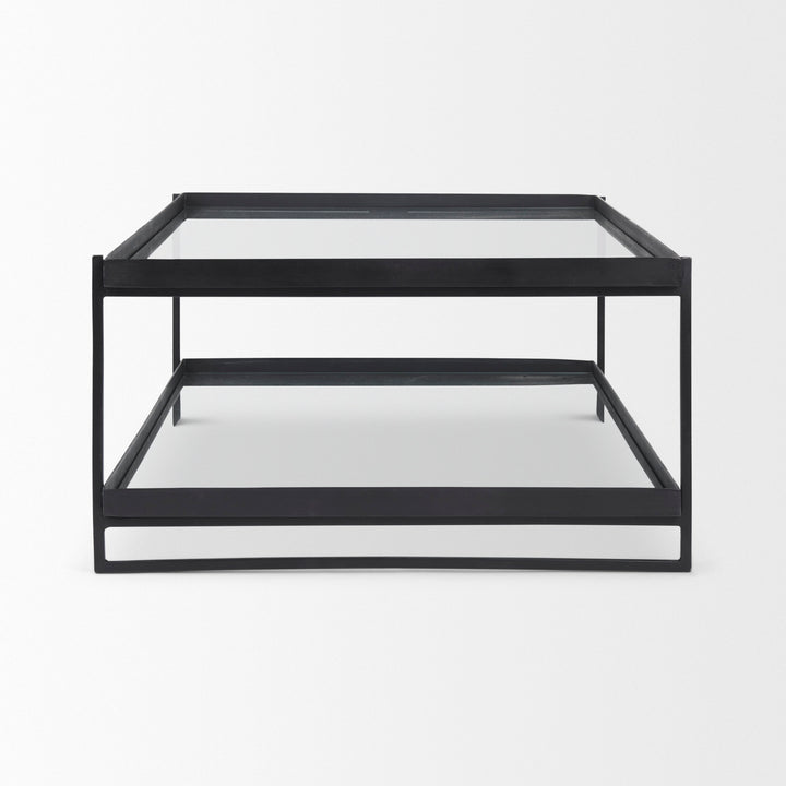 Trey 56"L x 32"W x 17"H Black Metal W/Glass Coffee Table Living Room Mercana