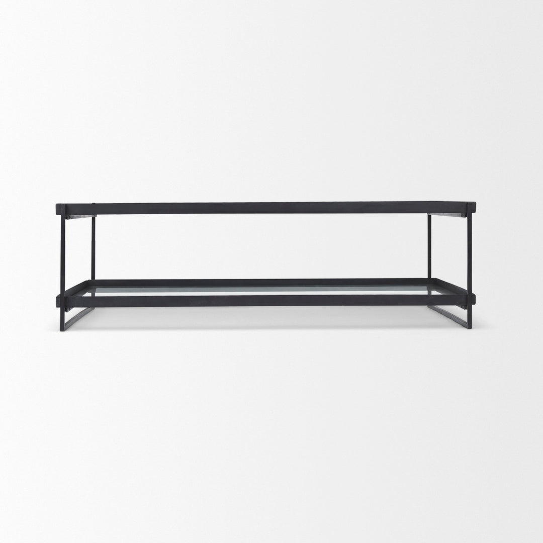 Trey 56"L x 32"W x 17"H Black Metal W/Glass Coffee Table Living Room Mercana
