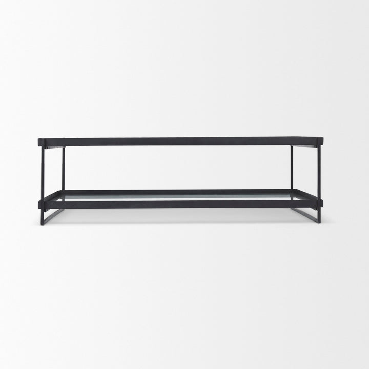 Trey 56"L x 32"W x 17"H Black Metal W/Glass Coffee Table Living Room Mercana