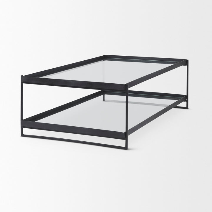 Trey 56"L x 32"W x 17"H Black Metal W/Glass Coffee Table Living Room Mercana