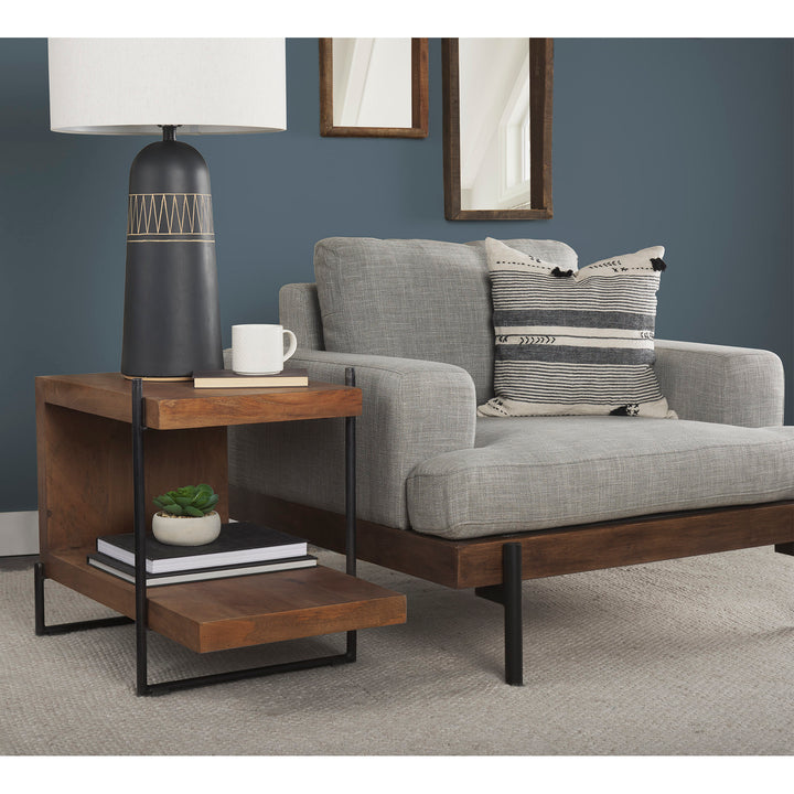 Maddox Medium Brown Wood w/ Black Metal U-shaped End/Side Table Living Room Mercana