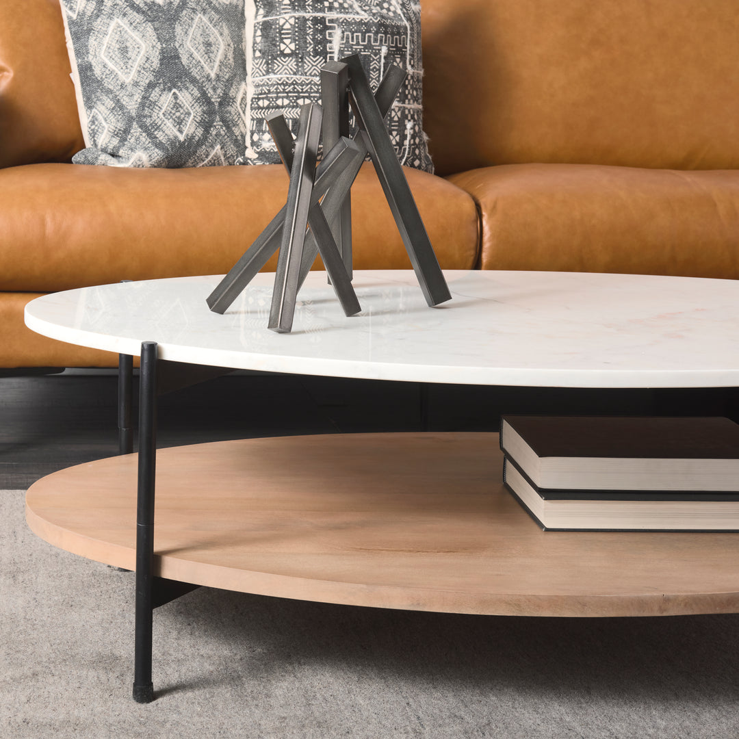 Larkin 48" Oval White Marble Top and Solid Wood Shelf w/ Black Metal Frame Coffee Table Dining Room Mercana