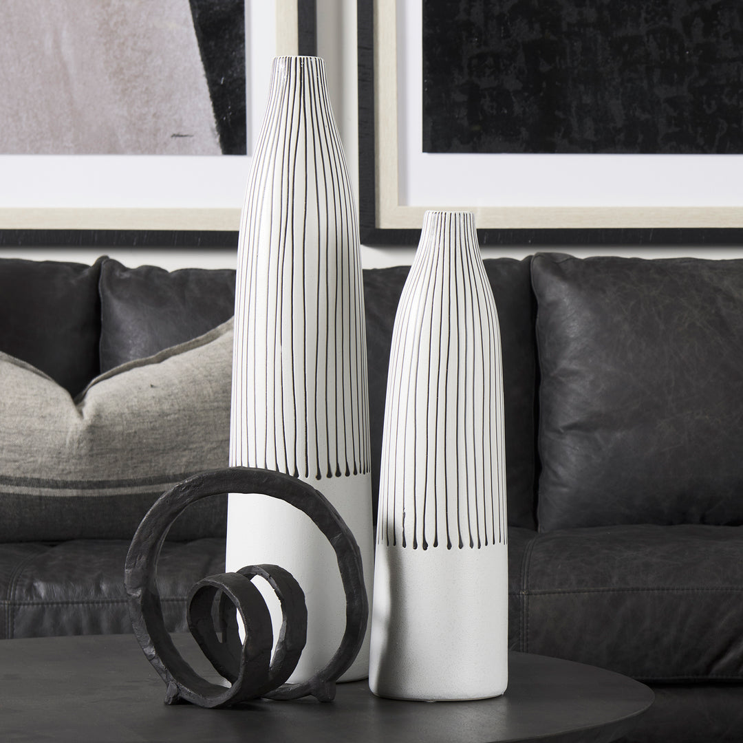 Kira I Small White Pinstripe Ceramic Vase Decor Mercana