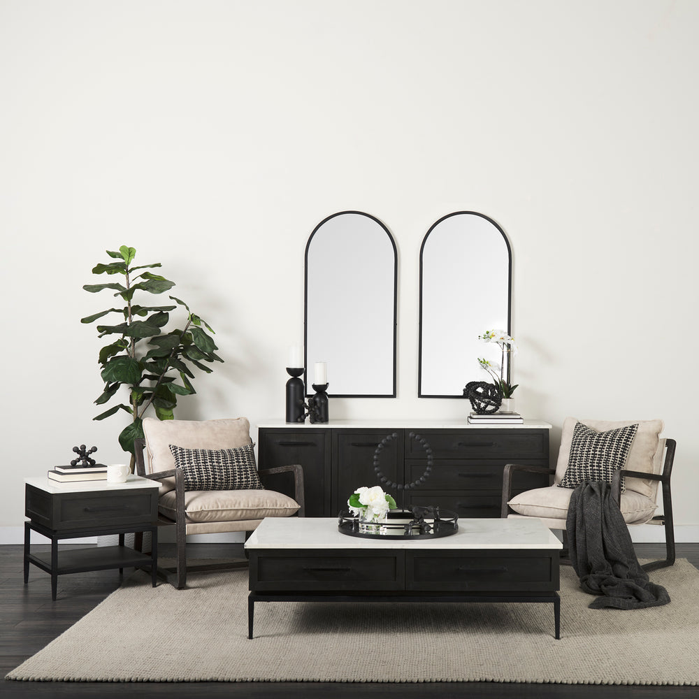 Divina Black-Brown Wood w/ White Marble Top and Black Metal Base 1 Drawer Side Table Dining Room Mercana