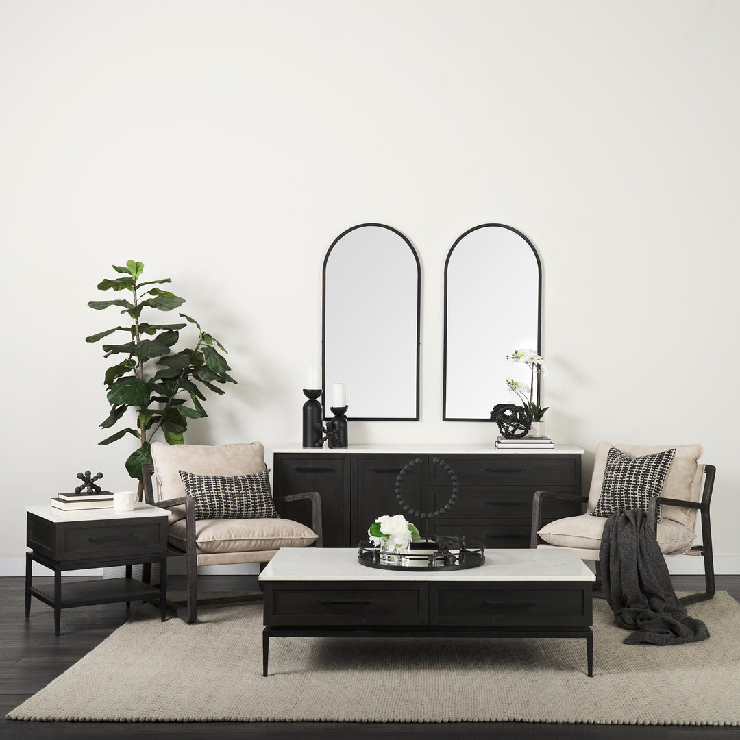 Divina Black-Brown Wood w/ White Marble Top and Black Metal Base 1 Drawer Side Table Dining Room Mercana