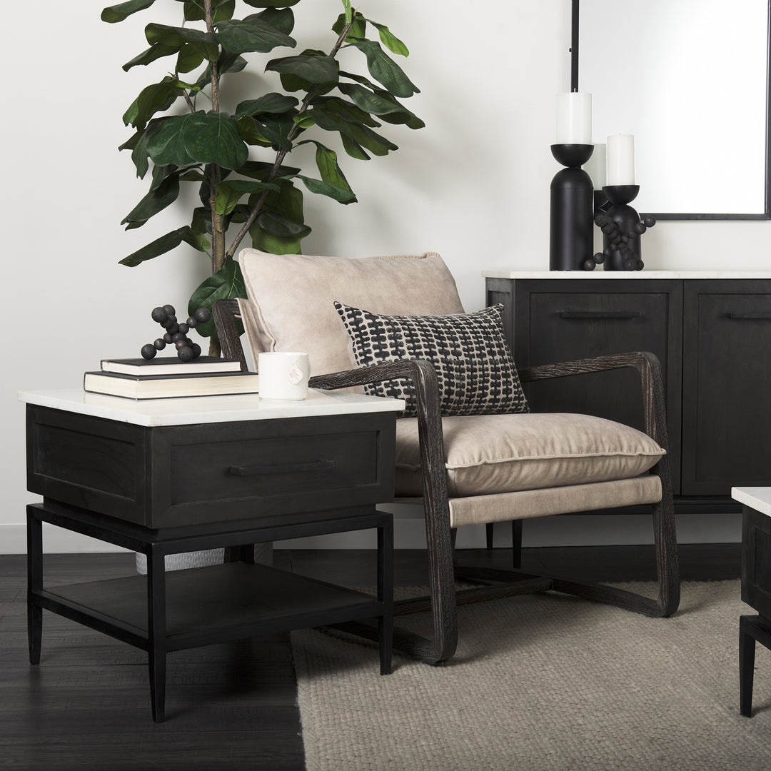 Divina Black-Brown Wood w/ White Marble Top and Black Metal Base 1 Drawer Side Table Dining Room Mercana