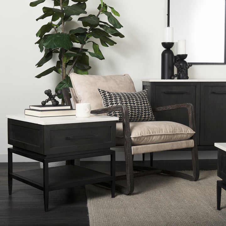 Divina Black-Brown Wood w/ White Marble Top and Black Metal Base 1 Drawer Side Table Dining Room Mercana